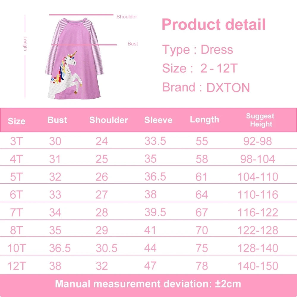 Dxton outono algodão crianças vestido casual apliques crianças em linha reta vestido diário manga listrada meninas vestido escolar