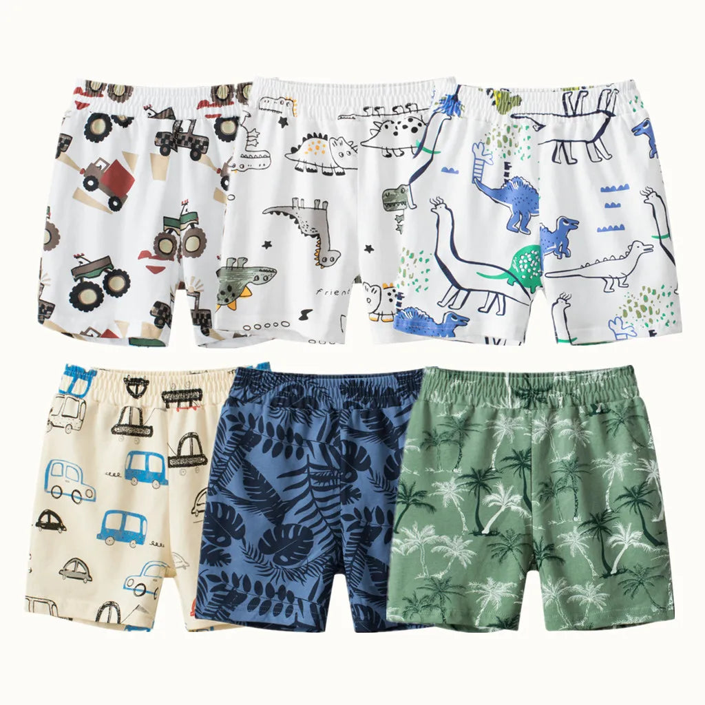 2023 Verão Crianças Dinossauro Carro Shorts Dos Desenhos Animados para o Menino 100% Algodão Puro Crianças Meninas Esportes Casual Meia Calças para Idades 1-9 Crianças