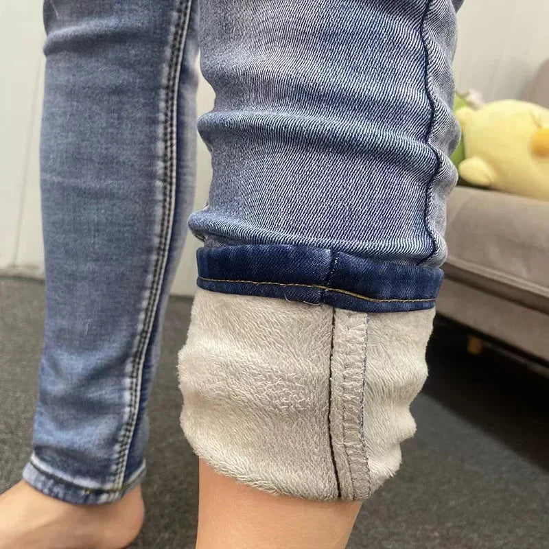 Inverno senhora térmica quente jeans de pelúcia magro estiramento jeans senhora fino ajuste lápis calças meninas perna reta denim