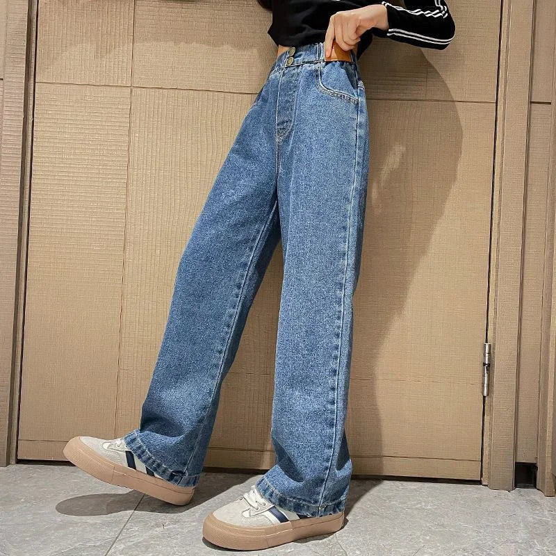 Jeans casuais soltos para meninas, calças longas retas para a escola, perna larga, para crianças de 5 a 14 anos, outono