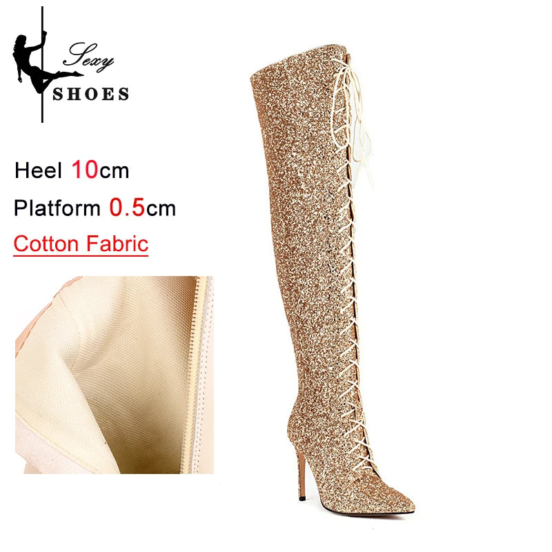 Botas femininas de lantejoulas acima do joelho, salto alto fino, botas longas pontiagudas, sapatos de festa para senhora, moda boate, 10cm, outono e inverno