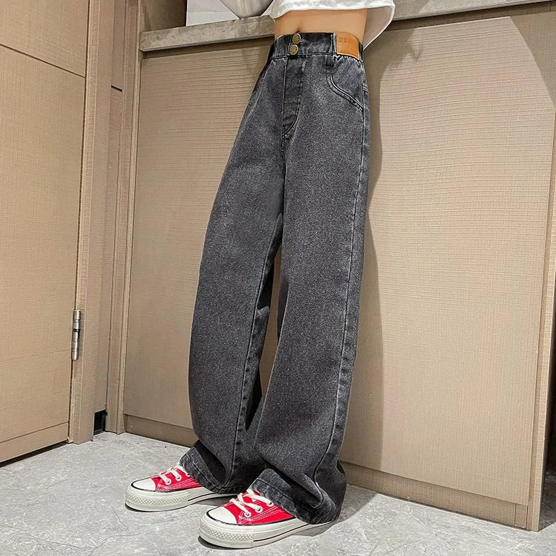 Jeans casuais soltos para meninas, calças longas retas para a escola, perna larga, para crianças de 5 a 14 anos, outono