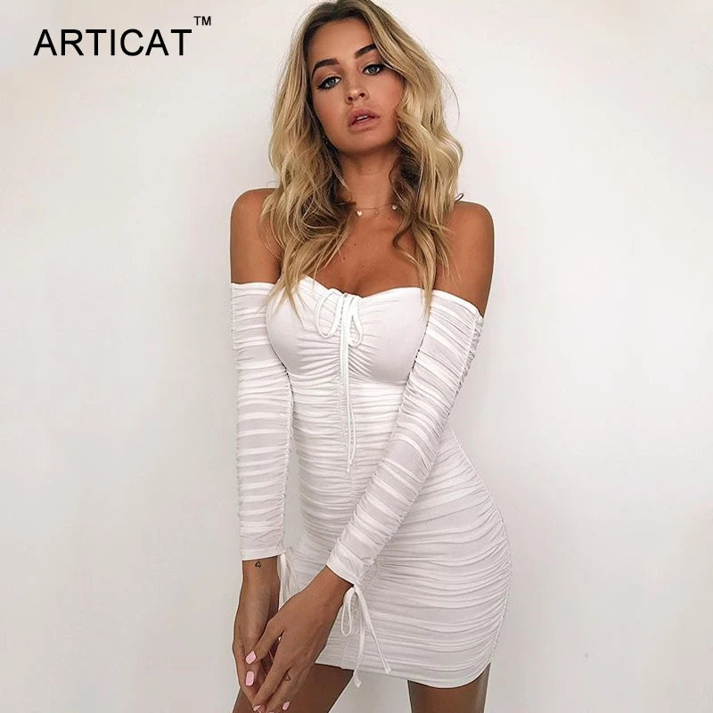 Articat feminino outono inverno bandage vestido feminino 2022 sexy fora do ombro manga longa magro elástico bodycon vestidos de festa