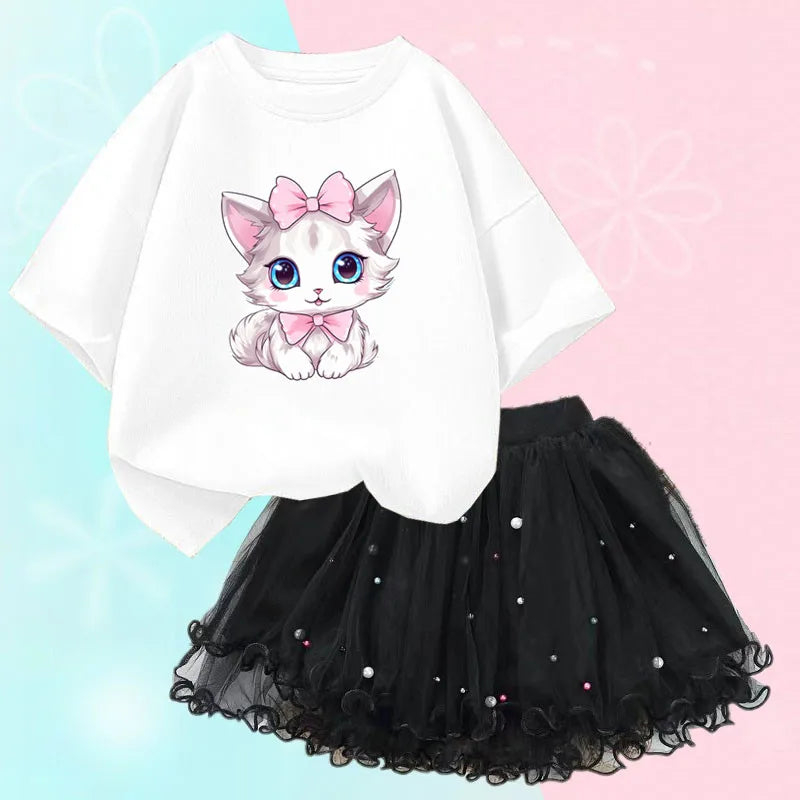 Roupas de verão para meninas, camiseta fofa de gato e saia tutu de malha, conjunto de duas peças, roupas coreanas para crianças de 3 a 14 anos