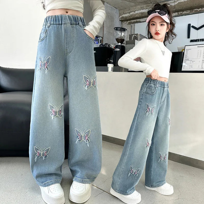 Coreano menina perna larga jeans com lindas borboletas crianças cintura alta solta calças jeans adolescente casual jeans crianças