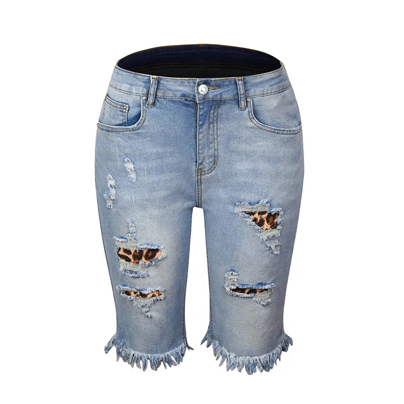 Calça jeans rasgada feminina com borla, calça elástica alta, cintura média, cinco pontos, buraco fino, shorts casuais femininos, verão, rua