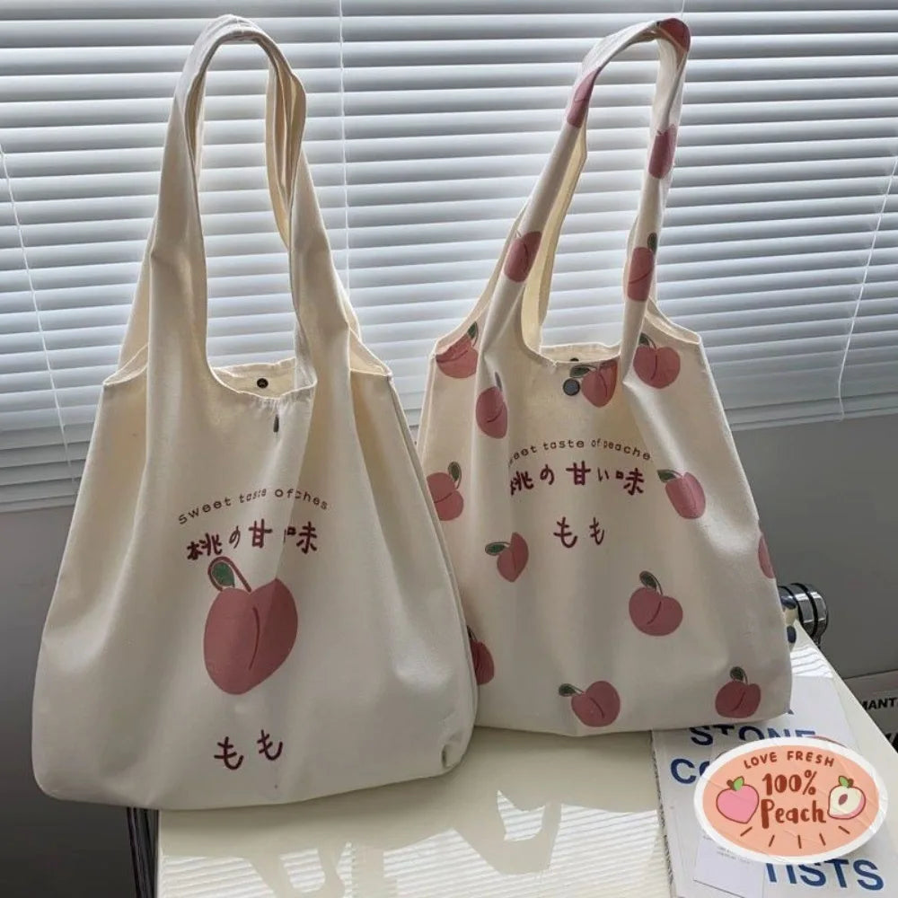Sacola de morango bonito para meninas da escola, bolsas estéticas, bolsa Shopper Designer, mulheres Peach Print, bolsas de ombro Eco