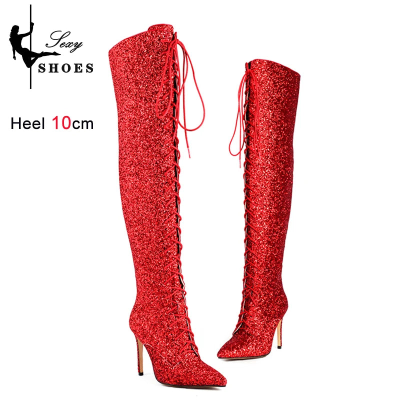 Botas femininas de lantejoulas acima do joelho, salto alto fino, botas longas pontiagudas, sapatos de festa para senhora, moda boate, 10cm, outono e inverno