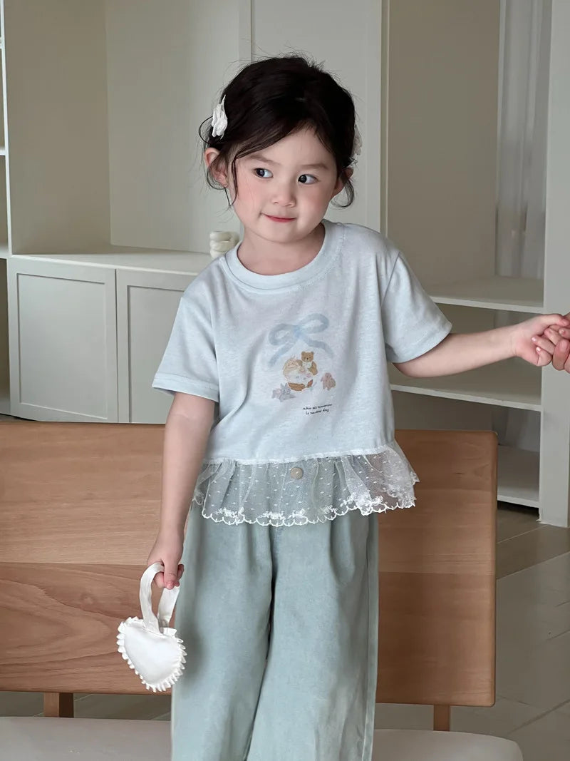 Crianças camisetas de manga curta 2025 verão novo arco dos desenhos animados impressão meninas rendas camiseta do bebê meninas algodão casual topos crianças roupas