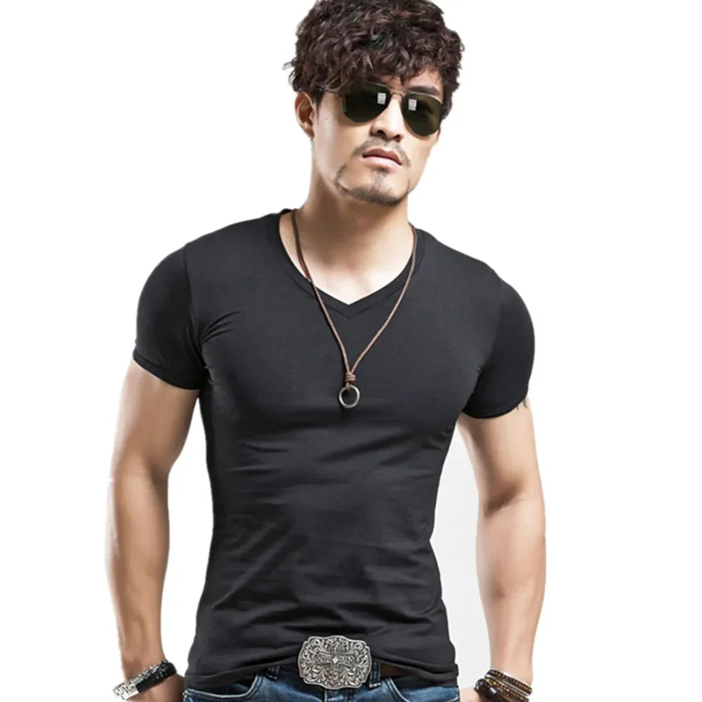 Camiseta Masculina Nova 2026, Gola V, Manga Curta, Moda Fitness, Tamanho 5XL