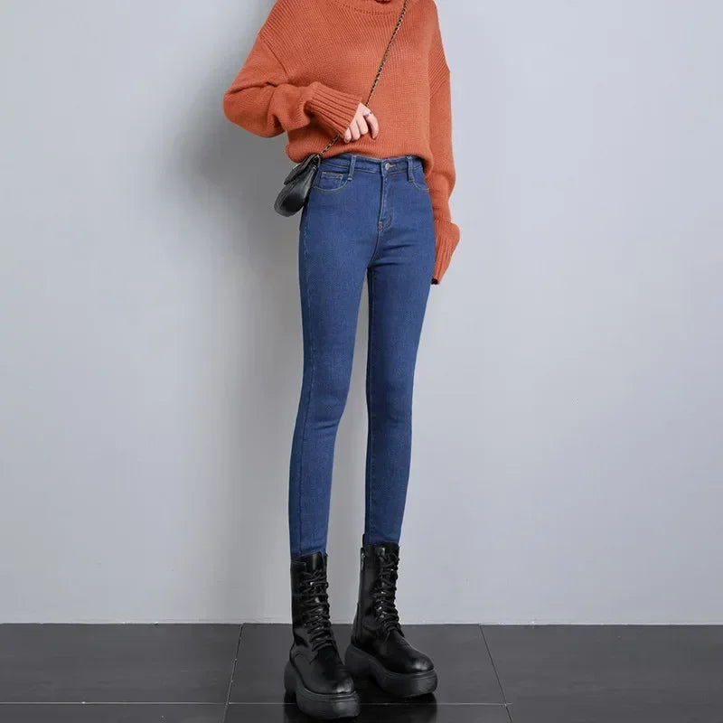 Inverno senhora térmica quente jeans de pelúcia magro estiramento jeans senhora fino ajuste lápis calças meninas perna reta denim
