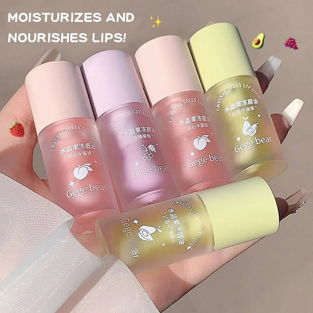Óleo Labial Gege Bear Crystal Jelly Fruit com Pêssego, Uva e Abacate, Hidratante, Nutritivo e Clareador de Linhas Labiais