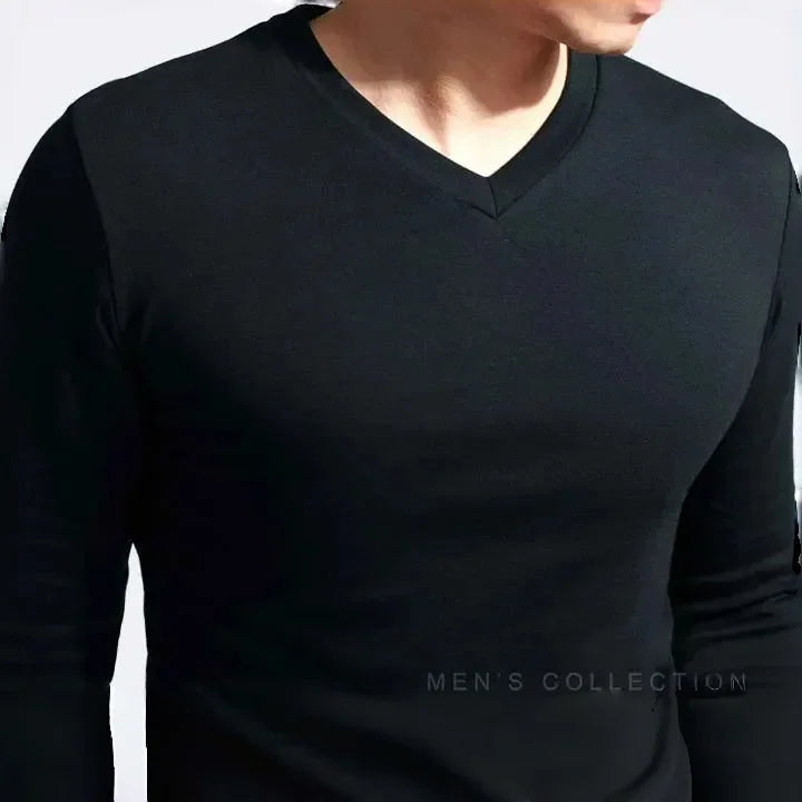 Camiseta Masculina Elástica 2026 com Decote em V e Manga Longa, Camisetas para Homens, Roupas Masculinas, Camiseta Nova em Cores Sólidas