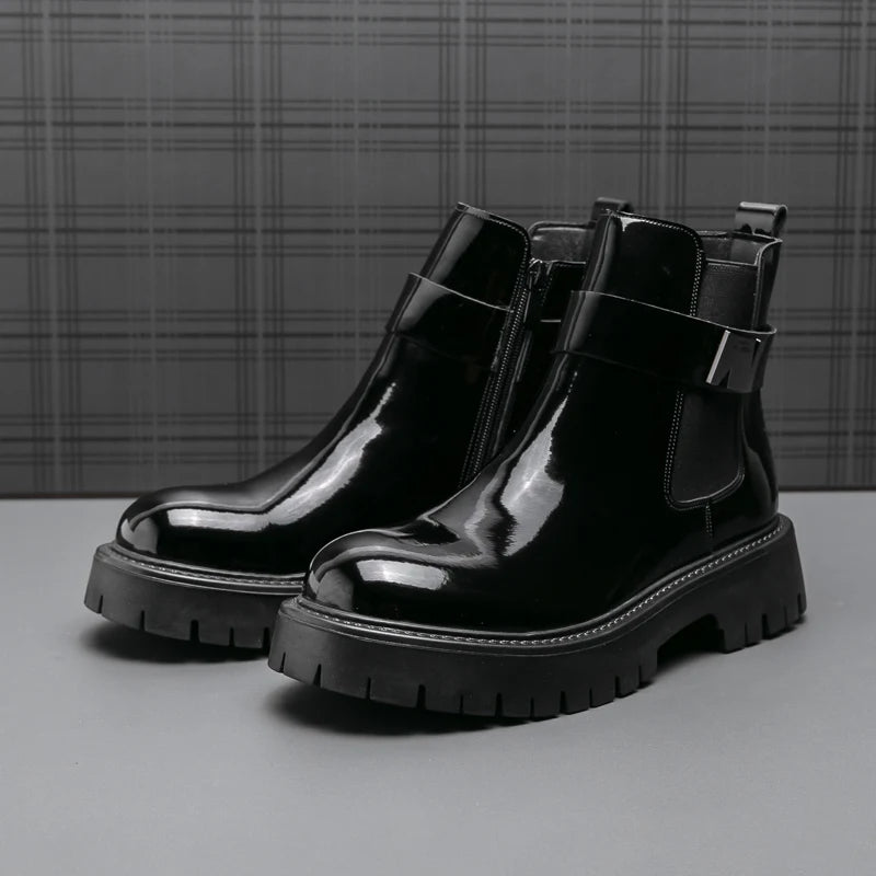 Botas masculinas de couro envernizado, de alta qualidade, superfície brilhante, confortável, sola grossa, cano alto, marca de moda, antiderrapante, chelsea