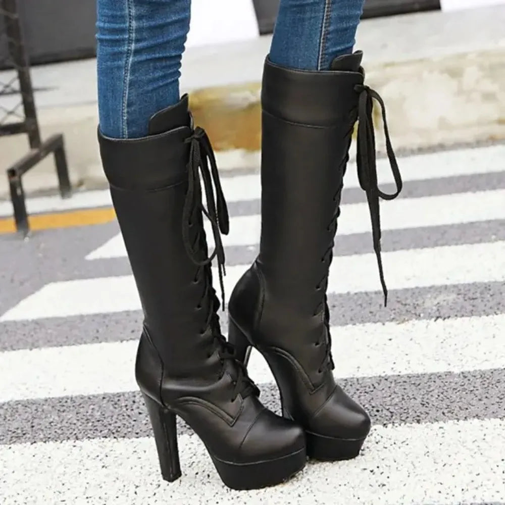 Qplyxco joelho botas altas femininas nova moda pequena tamanho grande 31-45 outono inverno quente rendas até salto alto botas de plataforma longa M-20