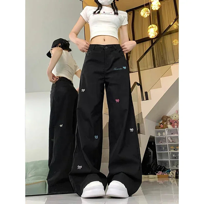 Arco bordado calças de brim femininas cintura alta vintage em linha reta baggy calças jeans coreano harajuku preppy branco perna larga denim
