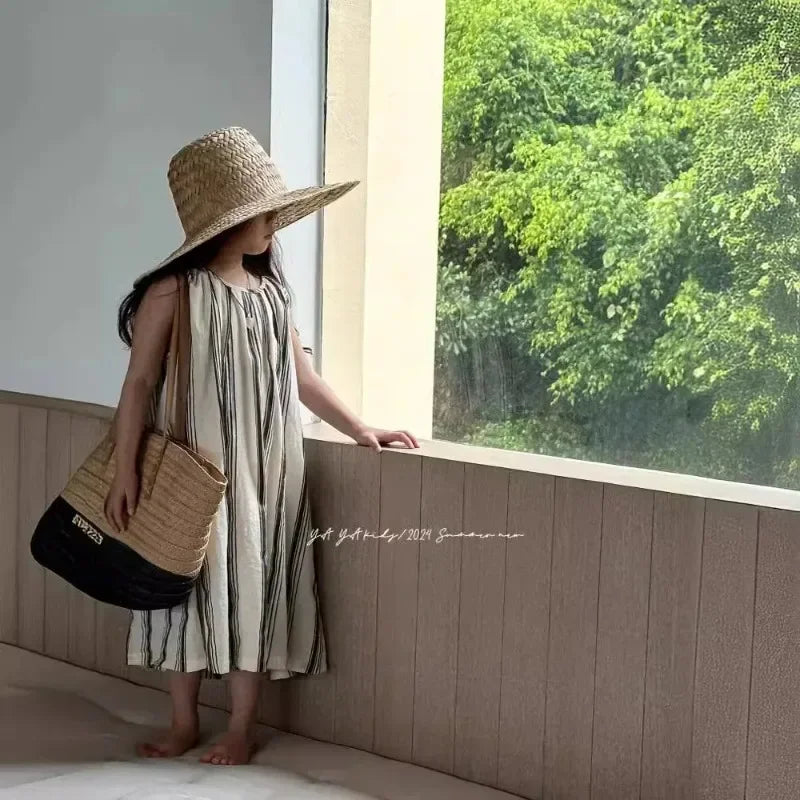 Crianças roupas meninas vestido sem mangas nova moda verão 2025 estilo coreano listra vertical francês retro vestido de férias