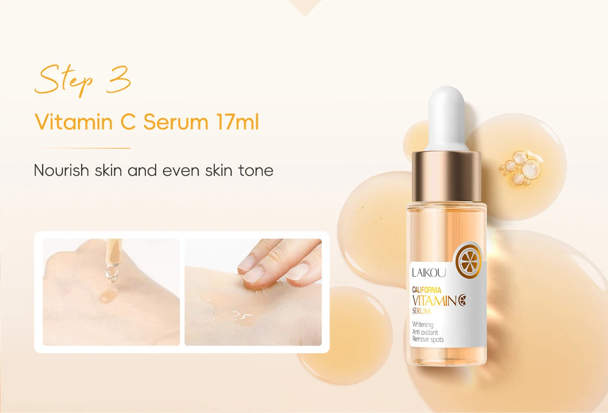 Laikou vitamin c conjunto de cuidados com a pele iluminando 5 pçs kit mesmo tom da pele suave rugas apertar poros limpador toner soro creme para os olhos