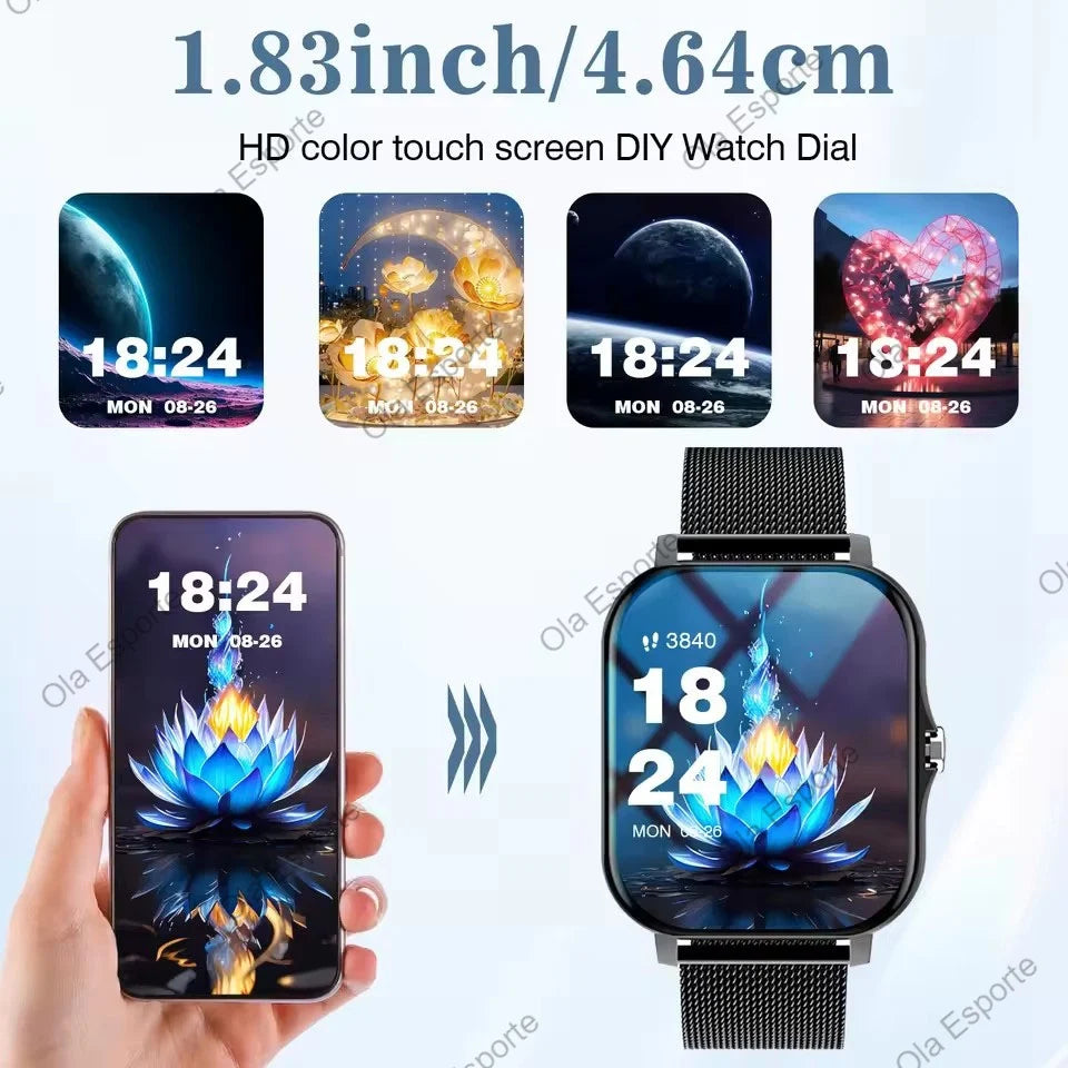 Novo Relógio Inteligente 1.83'' Tela Cheia Bluetooth com Função de Chamada Monitor de Oxigênio no Sangue/Pressão Arterial Smartwatch para Mulheres e Homens Presente de Férias 2026