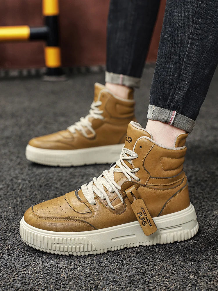 Sapatos masculinos de cano alto de inverno, sapatos esportivos casuais de couro, roupas de trabalho retrô, sapatos esportivos casuais versáteis e modernos