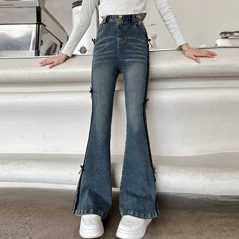 Crianças inverno fino ajuste bootcut flanela forrado jeans para meninas elegante isolado queimado calças jeans crianças calças térmicas quentes