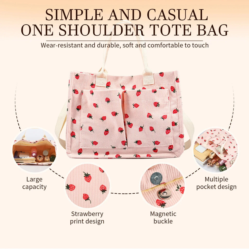 Bolsa tote fofa de morango com remendo para mulheres, bolsa tote de tecido de grande capacidade, sacola duradoura com ombro ajustável