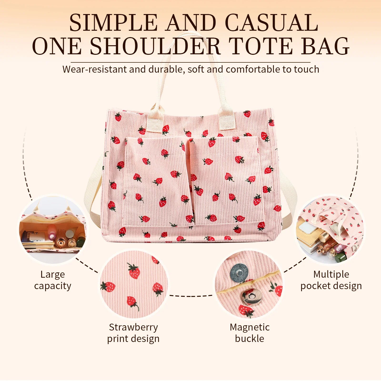 Bolsa tote fofa de morango com remendo para mulheres, bolsa tote de tecido de grande capacidade, sacola duradoura com ombro ajustável