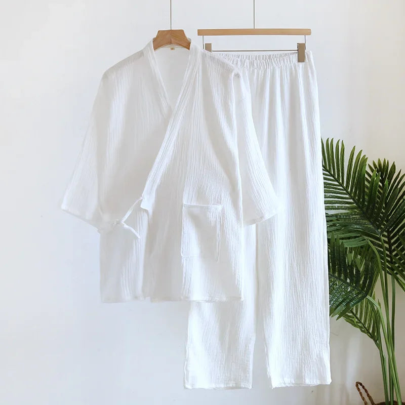 Primavera/outono japonês quimono pijamas masculinos pijamas masculinos gaze fina algodão rendas topo + calças soltas de duas peças homewear