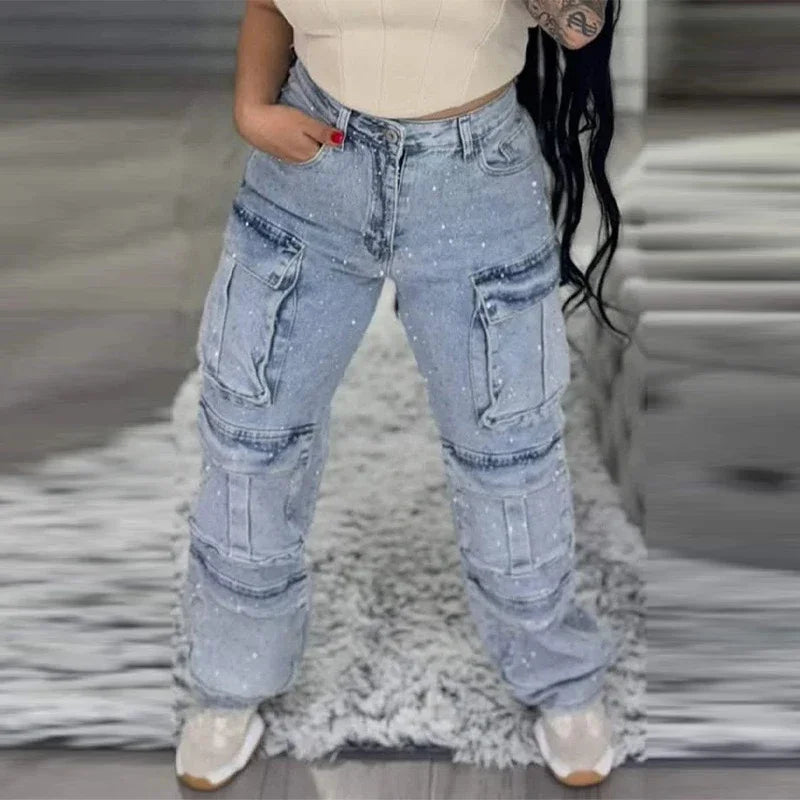 Cpsymym jeans de trabalho feminino com broca brilhante chique vários bolsos botão de cintura alta feminino jean primavera verão y2k senhora streetwear