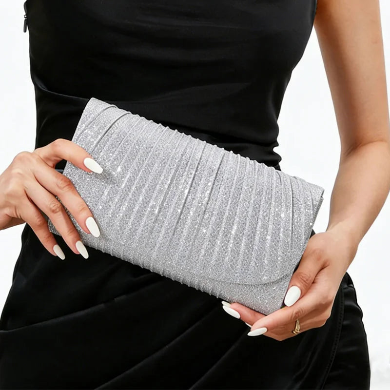 Bolsa de Noite Prateada com Glitter para Mulheres, Elegante e Fashion, Bolsa Longa com Cadeado, Clutch para Casamentos e Festas