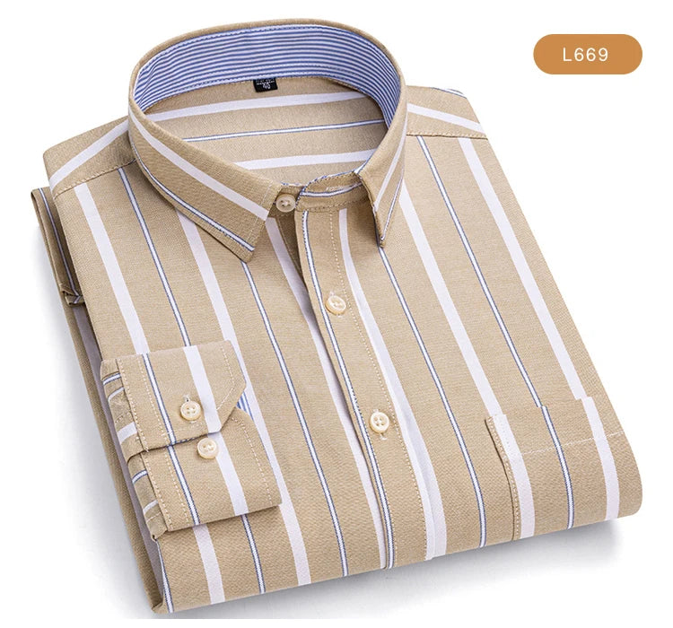 Camisas de vestido de algodão com design de gola de lapela listrada xadrez na moda masculina, camisa casual de manga comprida com botões para primavera/outono