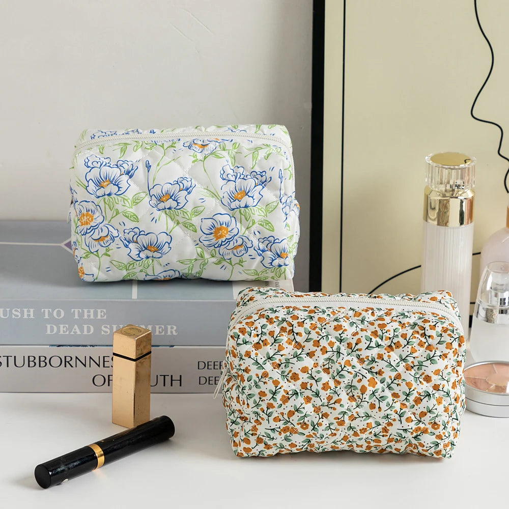 Sacos de maquiagem florais acolchoados com zíper bonito impressão flor organizador de armazenamento acessório de maquiagem saco de higiene pessoal grande saco de cosméticos feminino