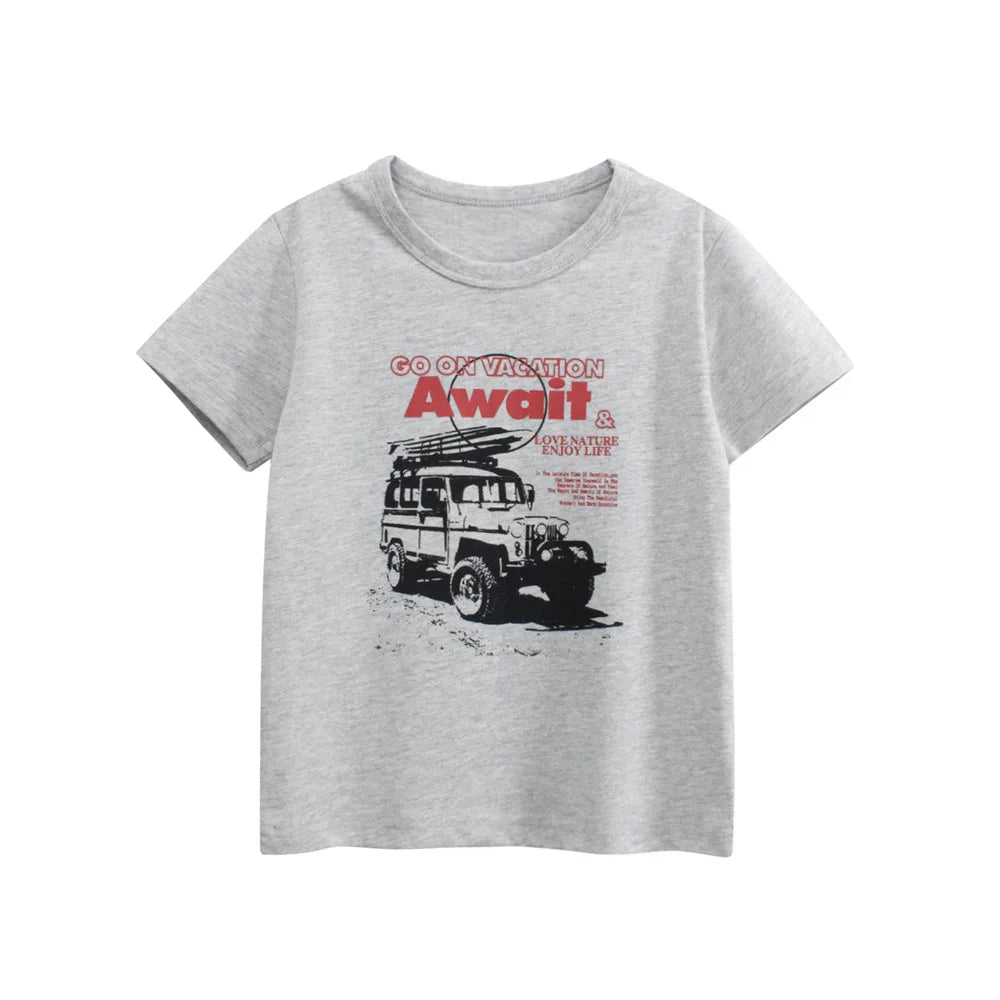 2025 crianças dos desenhos animados camisetas roupas bonitos para menino 100% algodão carro tubarão dinossauro crianças meninas manga curta casual esporte topo t