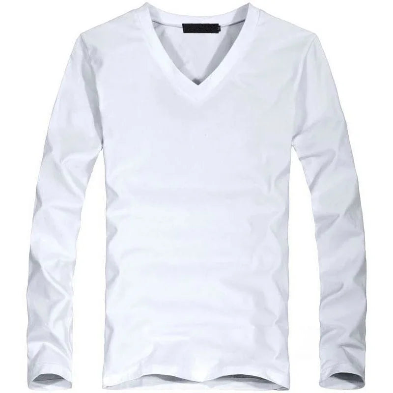 Camiseta Masculina Elástica 2026 com Decote em V e Manga Longa, Camisetas para Homens, Roupas Masculinas, Camiseta Nova em Cores Sólidas