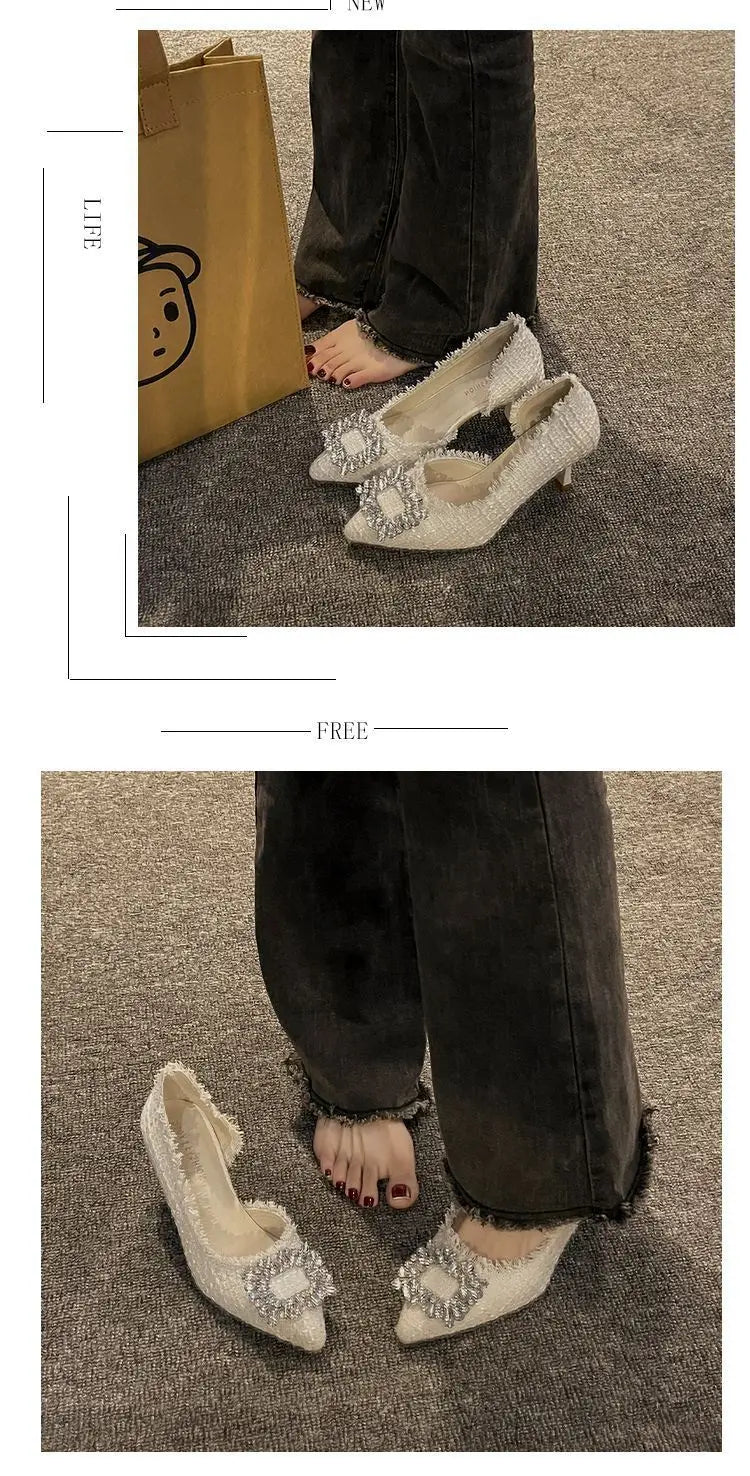 Salto estilete para mulheres, sandálias de strass, botão quadrado, sapatos de casamento, moda feminina, branco, 2024