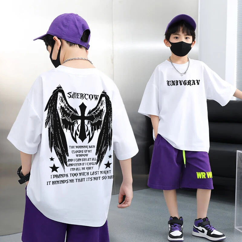 Graffiti impressão camiseta de manga curta infantil, 100% algodão, verão streetwear, meninas tees, crianças tops, roupas de crianças, alta qualidade