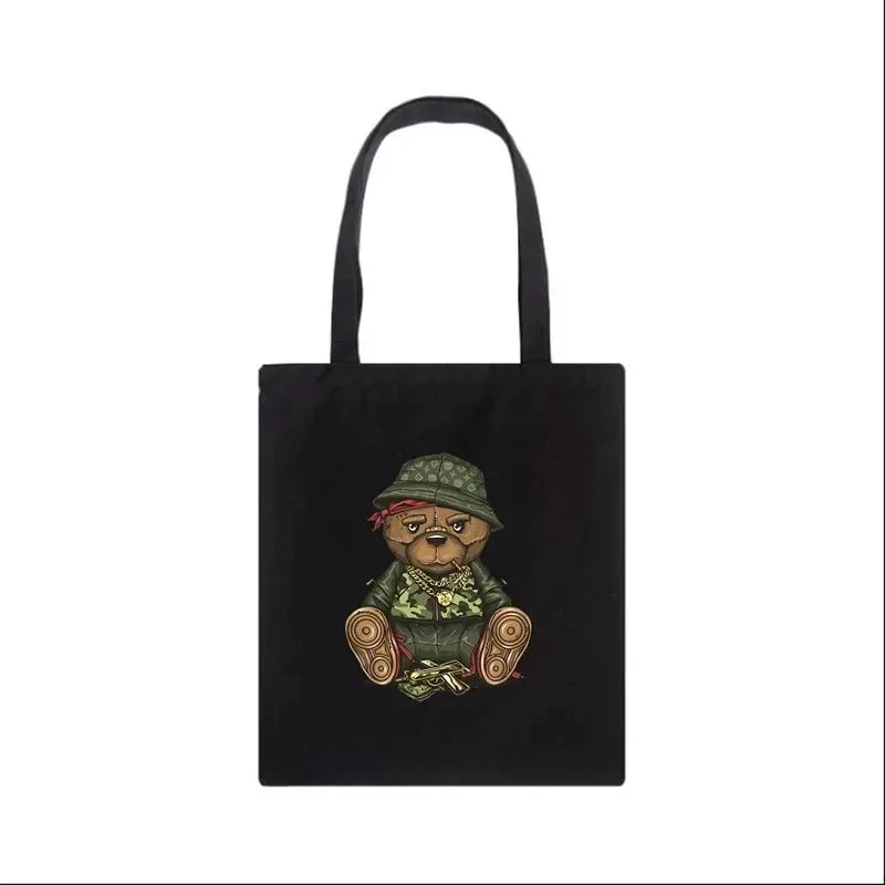 Moda urso impressão eco mulheres sacos de ombro bolsa feminina lona saco de compras casual grandes senhoras viagem totes sacos