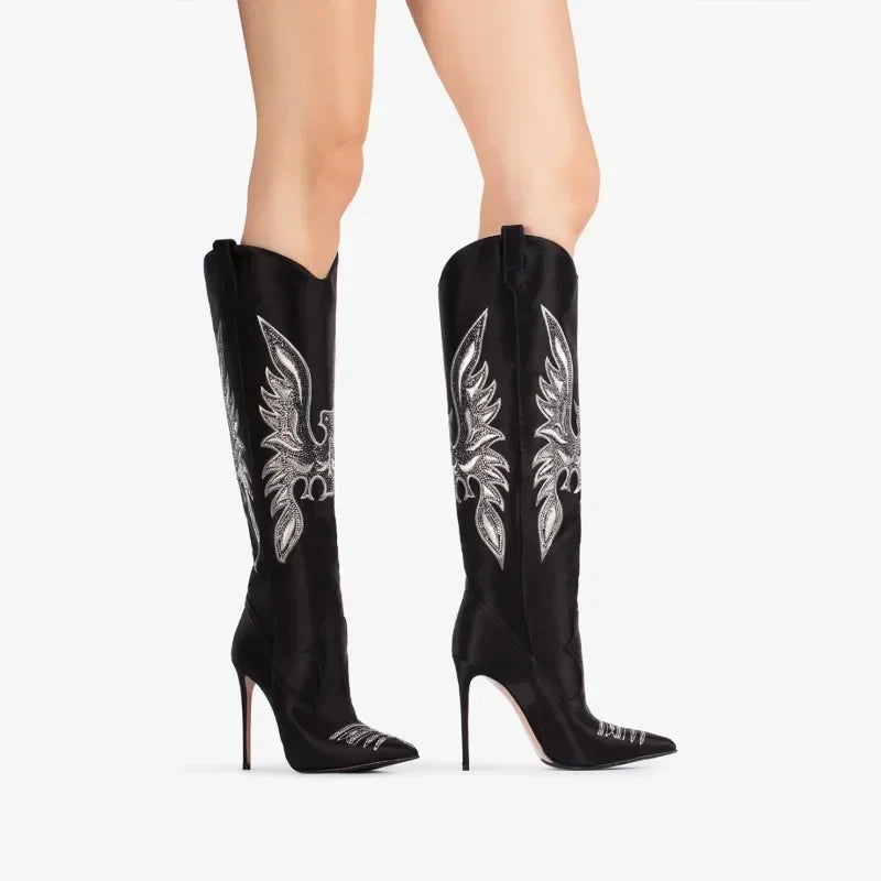 Moda feminina europeia e americana salto alto apontado ocidental denim bordado linha joelho manga alta botas de strass