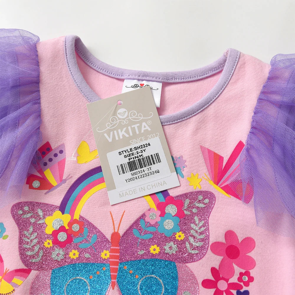 Vestido de verão com estampa de borboleta e flor para crianças, vestido rosa colorido para festa, férias, uso diário, vestidos de princesa, roupas infantis