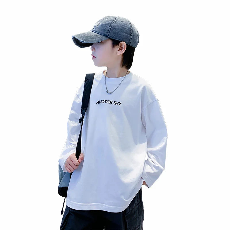 Nova primavera crianças manga longa camiseta de algodão para meninos solto estilo breve tshirt adolescentes crianças escola camisetas roupas de moda do bebê