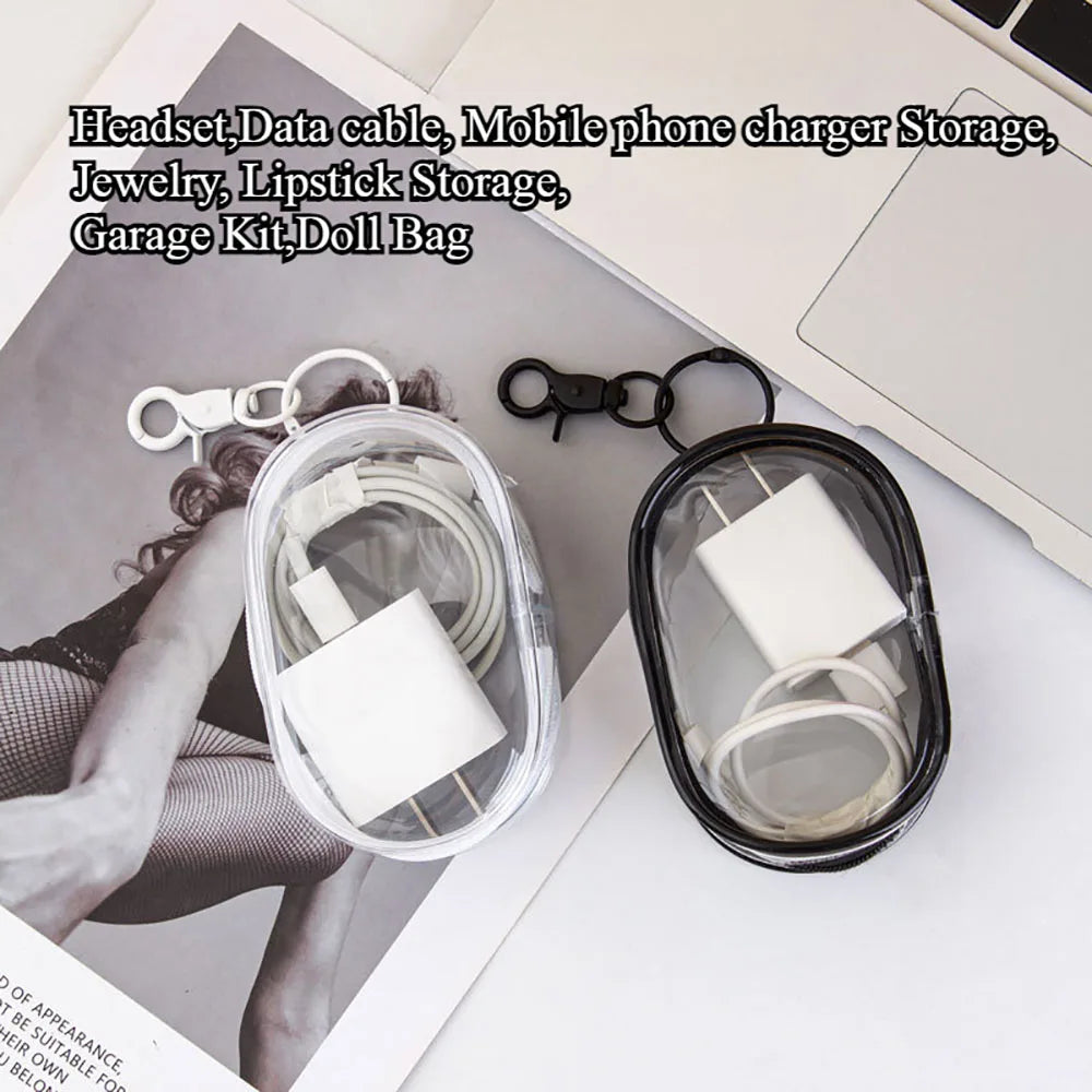 Mini saco de armazenamento com zíper transparente, chaveiro portátil, boneca de desenho animado, organizador de brinquedos para fones de ouvido, carregadores, cabo de dados, sacos de presente