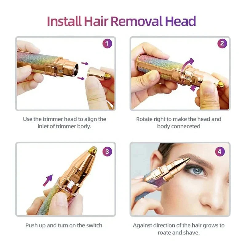 Removedor de Pelos Faciais Elétrico 2 em 1 com Luz LED, Aparador de Sobrancelhas e Barbeador Indolor para Remoção Suave e Delicada de Pelos