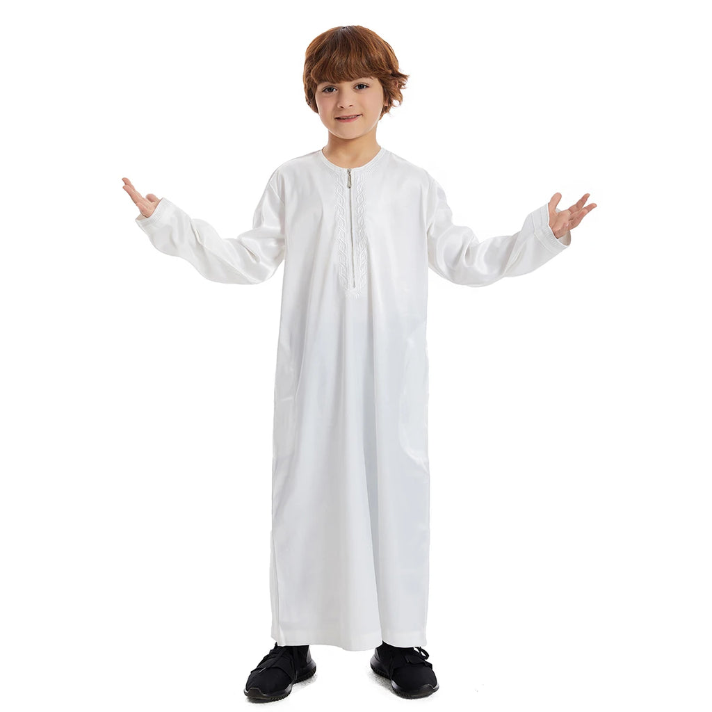 Crianças muçulmanas Abaya Ramadan Jubba Prayer Thobe, vestido longo islâmico para crianças, vestido com o pescoço para meninos, Kaftan Dubai e árabe