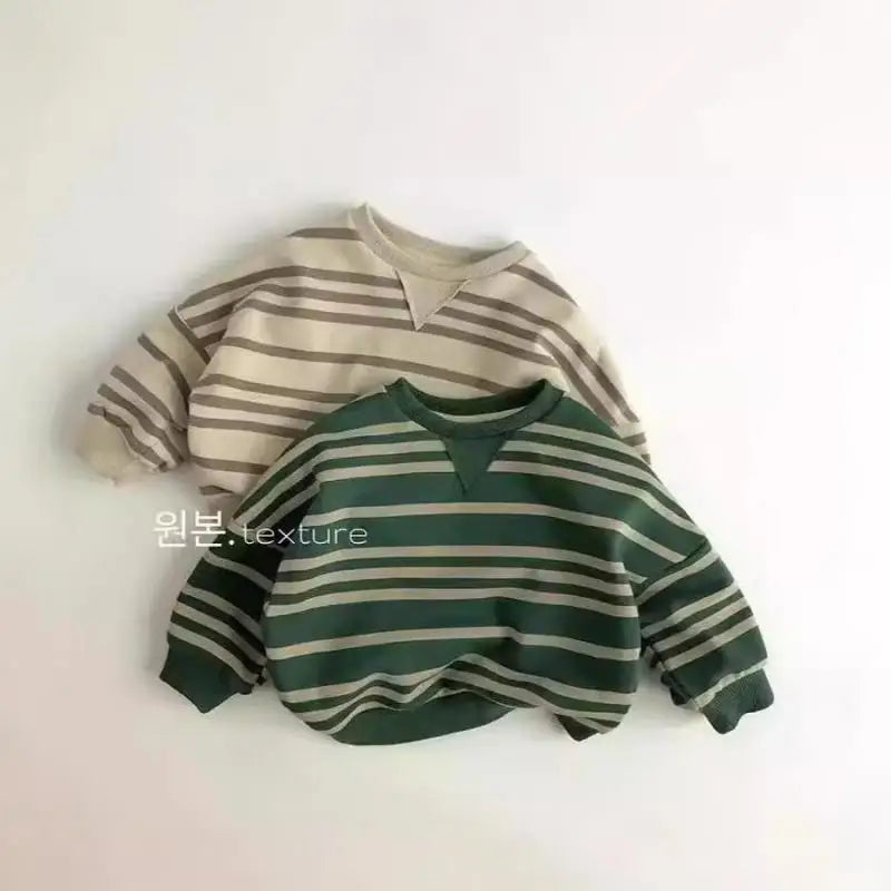 Moletom casual listrado infantil, manga comprida, tops com gola O, pulôver infantil solto, roupas de bebê, meninos, meninas, outono, novo