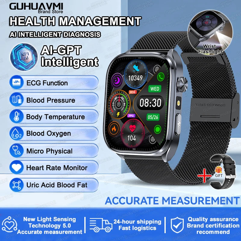 Novo Smartwatch 2026 com ECG Preciso, Análise de Saúde Cardíaca, Análise de Sangue, Lipídios no Sangue, Pressão Arterial e Chamada Bluetooth para Homens