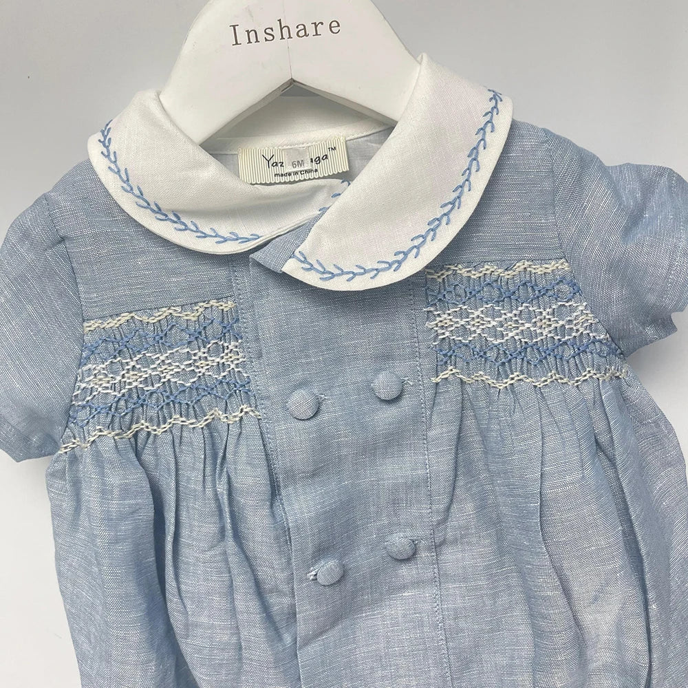 Roupa de boutique infantil, artesanal para menino, conjunto bordado, algodão azul, manga curta, roupa de irmãos, batizado, aniversário