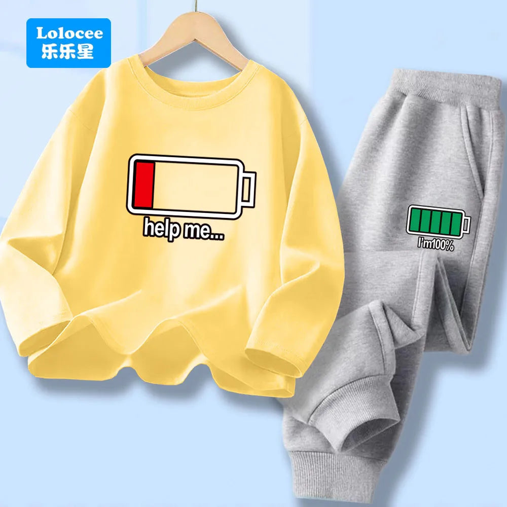 Outono criança menino manga longa 2 pçs conjunto de roupas crianças engraçado bateria carta impressa camiseta pulôver topo e calças fatos de treino dcw1