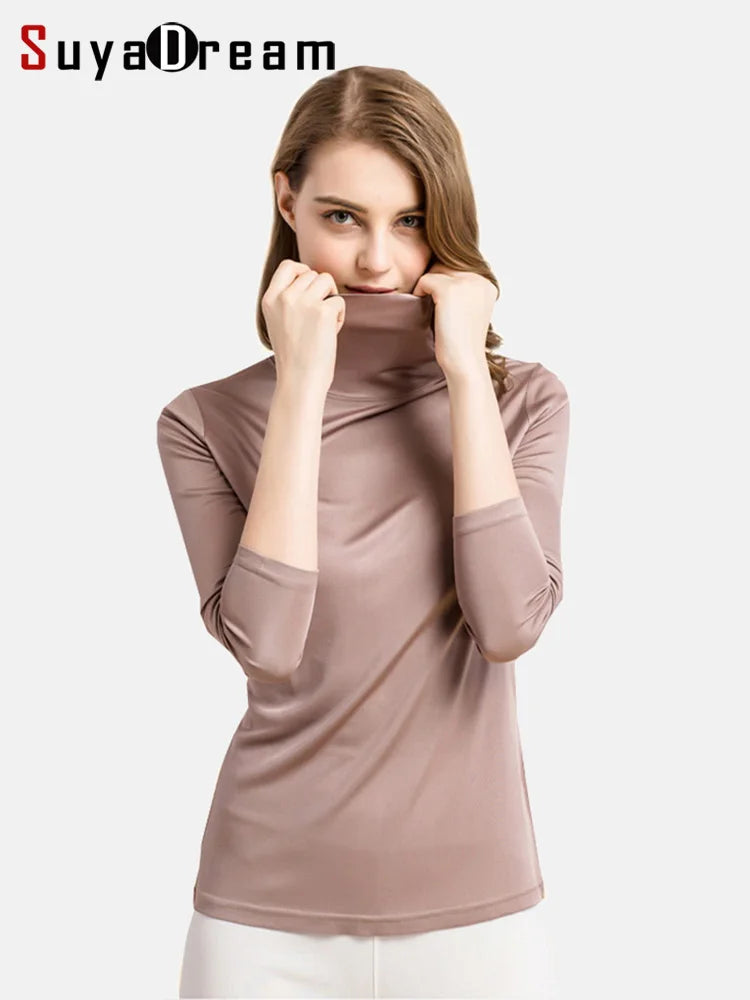SuyaDream feminino gola alta, pulôveres sólidos de manga comprida, seda natural de malha, camiseta de fundo chique, top primavera outono 2025