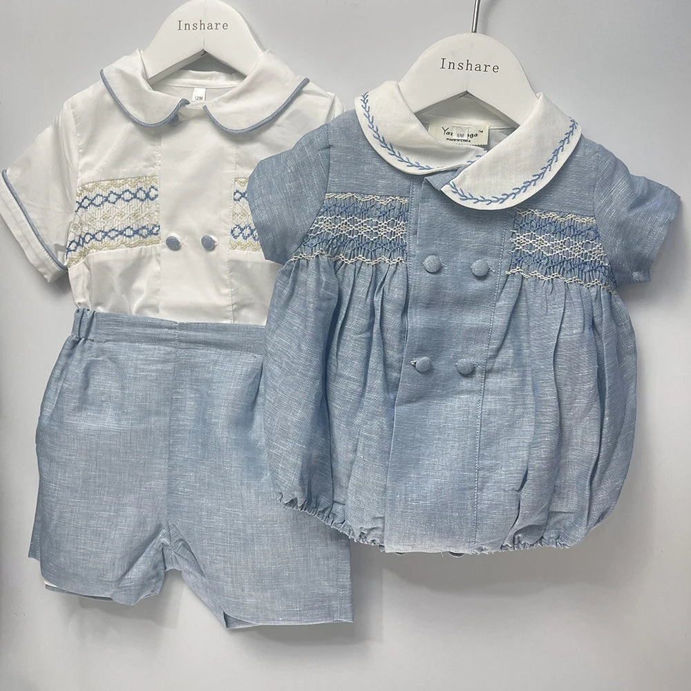 Roupa de boutique infantil, artesanal para menino, conjunto bordado, algodão azul, manga curta, roupa de irmãos, batizado, aniversário