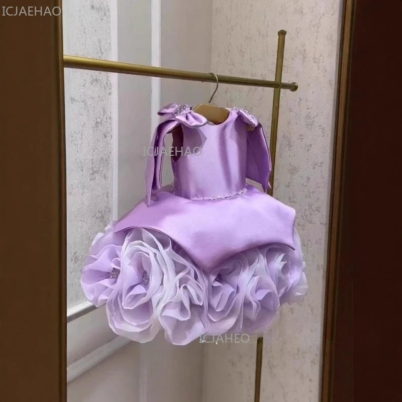 Vestido de Festa Infantil Elegante com Laço e Patchwork para Meninas - Traje Formal de Aniversário e Apresentação